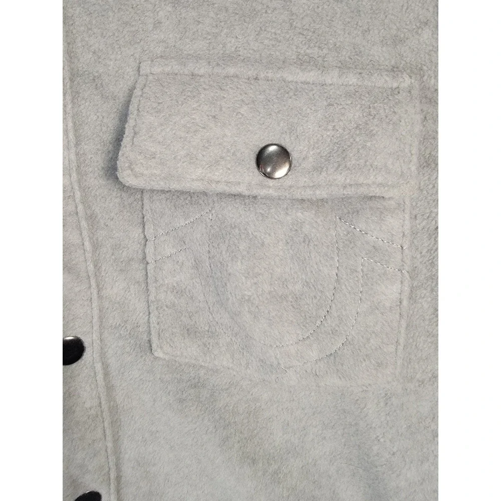 True Religion Mens XL Gray Fleece Shacket Overshirt Snap Front Horseshoe Pocket